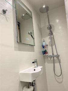 a bathroom with a sink and a shower at Cliftonville, en-suite room, fridge microwave TV, great value homestay near the sea in Lymington