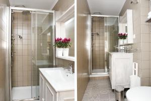 two pictures of a bathroom with a sink and a shower at Flores Guest House in Lisbon +69 photos