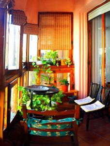 einen Tisch und Stühle in einem Zimmer mit einem Aquarium in der Unterkunft La Tioca in Cuenca