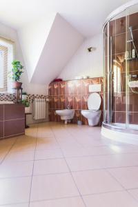 - une grande salle de bains avec 2 toilettes et un lavabo dans l'établissement Apartament Góry i Doliny, à Łapszanka