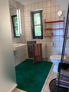 a bathroom with a toilet and a green floor at Jules&Jim Gästehaus in Linz
