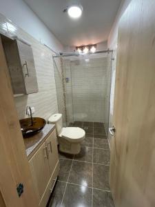 a bathroom with a toilet and a sink and a shower at apartamento Hope Guatape in Guatapé