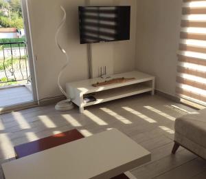 een woonkamer met een tv en een bank bij Fabulous 3 bedroom Apartment in Dalyan with pool in Dalyan