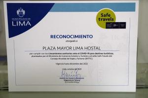 Certifikát, hodnocení, plakát nebo jiný dokument vystavený v ubytování Plaza Mayor Lima