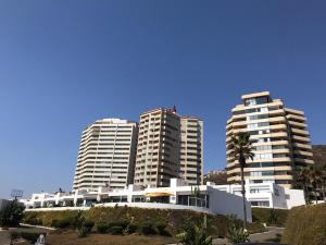 two tall buildings with palm trees in front of them at Beachfront Calafia Condos in Rosarito