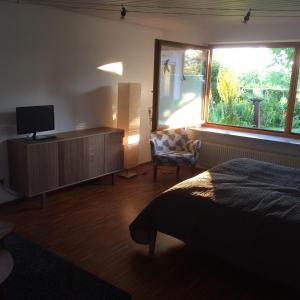 Schlafzimmer mit einem Bett, einem TV und einem Fenster in der Unterkunft Ferienwohnung Blütenweg Kluftern in Friedrichshafen