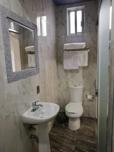 a bathroom with a toilet and a sink and a mirror at Hotel Nuevo Bernal in Bernal