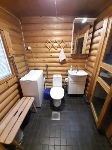 a small bathroom with a toilet and a sink at Temola in Alvajärvi
