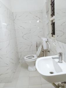 Baño blanco con aseo y lavamanos en Rosepark Residency, en Ooty