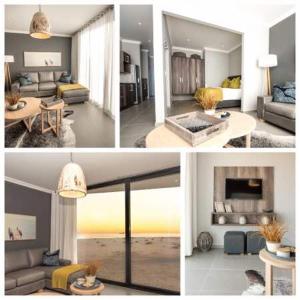 eine Collage mit vier Bildern eines Wohnzimmers in der Unterkunft Apartment 32, BAY VIEW SUITES in Langstrand