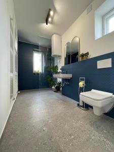 a blue bathroom with a toilet and a sink at Cilka`s house, authentic homestay near Lipica in Sežana