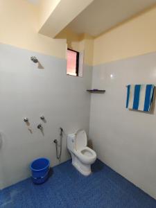 a bathroom with a toilet and a blue floor at Shree Hari Guest House in Anjuna