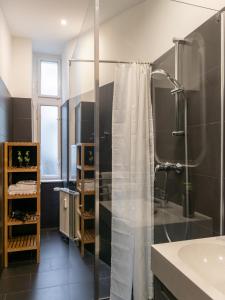 ein Bad mit Dusche und Duschvorhang in der Unterkunft Apartment Berlin Kaiser-Friedrich-Straße in Berlin