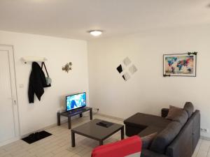 a living room with a couch and a tv at Appart'Hôtel Lagnieu in Lagnieu