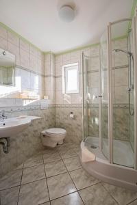 a bathroom with a shower and a toilet and a sink at Hotel Dünenschloss in Ostseebad Karlshagen
