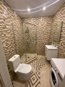 y baño con ducha, aseo y lavamanos. en Deluxe Old Ungvar Apartments, en Uzhhorod