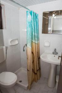 a bathroom with a shower and a toilet and a sink at Cleopatra Apartments in Laganas