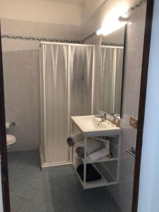 a bathroom with a shower and a sink and a mirror at Camera San Jacopo in Altopascio