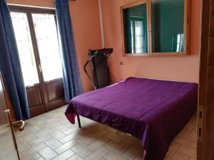 een slaapkamer met een paars bed en een spiegel bij Locanda della Braccesca in Ponte Pattoli