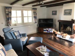 a living room with a fireplace and a tv at Witt-Dün in Tating