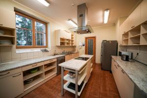 a large kitchen with a sink and a refrigerator at LVM tūrisma un atpūtas centrs "Spāre" in Spāre