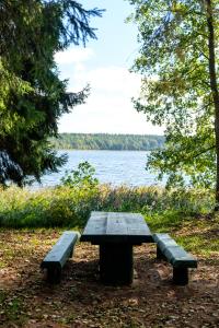 a picnic table and benches in front of a lake at LVM tūrisma un atpūtas centrs "Spāre" in Spāre