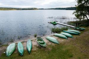 a group of canoes on the shore of a lake at LVM tūrisma un atpūtas centrs "Spāre" in Spāre