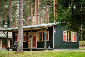 a green house with red doors and a tree at LVM tūrisma un atpūtas centrs "Spāre" in Spāre