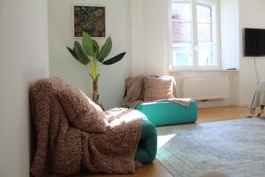 a living room with a chair and a plant at Albergo Diffuso Porrentruy in Porrentruy