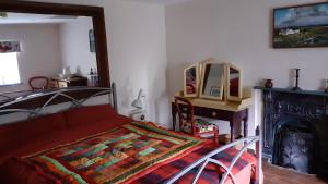 een slaapkamer met een bed, een open haard en een spiegel bij The Rockhouse - Cosy stone built Thatch Cottage in Dungloe