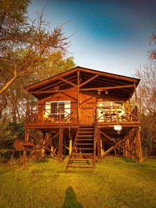 a tree house with a staircase in the grass at Cabaña Ilusión - Complejo Marea in Tigre