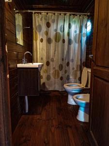 a bathroom with two toilets and a shower curtain at Cabaña Ilusión - Complejo Marea in Tigre