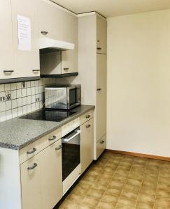 eine Küche mit weißen Schränken und einer Mikrowelle in der Unterkunft Interlaken Linda Inn Lodge in Interlaken