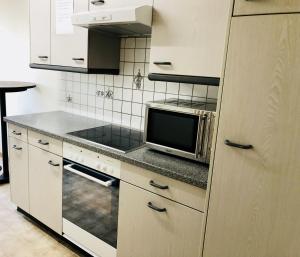 uma cozinha com um micro-ondas e um fogão forno superior em Interlaken Linda Inn Lodge em Interlaken