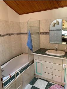 a bathroom with a tub and a sink and a mirror at Appartement d'exception sur le port pittoresque de Marseillan in Marseillan