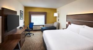 a hotel room with a bed and a desk with a television at Holiday Inn Express - Sarnia - Point Edward, an IHG Hotel in Sarnia