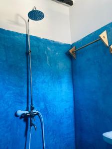 a blue room with a shower with a blue wall at Kasuku Villa in Jambiani