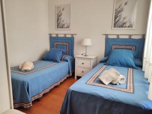 two beds in a room with blue sheets at Eduardo Lucena 5, Casco Histórico in Córdoba