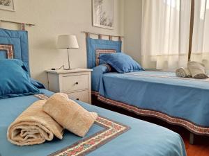 Habitación con 2 camas azules y 1 toalla en la cama en Eduardo Lucena 5, Casco Histórico, en Córdoba