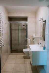 uma casa de banho com um chuveiro, um lavatório e um WC. em Kasztelan em Krosno