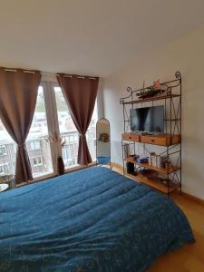 een slaapkamer met een blauw bed en een televisie bij Ô Pied Marin in Le Tréport