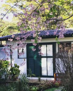 a house with a flowering tree in front of it at Pinheiros do Rocio in Petrópolis