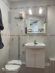 een badkamer met een wastafel, een toilet en een spiegel bij ESTUDIO SOLYPLAYARELAX in Fuengirola