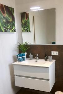 een badkamer met een witte wastafel en een spiegel bij Emma in Burladingen