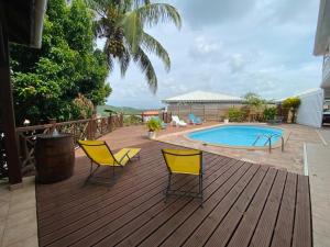 une terrasse avec deux chaises et une piscine dans l'établissement Kasa Créole, à Les Trois-Îlets