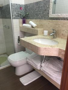 uma casa de banho com um lavatório, um WC e um chuveiro em Porto Retrô Residence em Porto Alegre