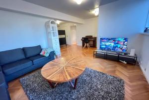 a living room with a blue couch and a table at Cozy centrally located apartment in Reykjavik in Reykjavík