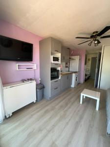 ル・グロー・デュ・ロワにあるLe Lagon bleuのピンクの壁と天井のキッチン