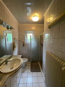 uma casa de banho com um lavatório e um WC em Große Wohnung zum Wohlfühlen 