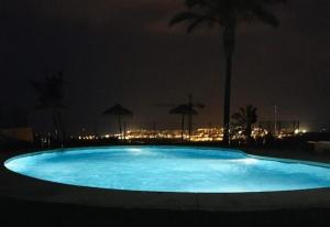 duży niebieski basen w nocy z palmą w obiekcie Lux Apartm Beauvivir w mieście Torre del Mar
